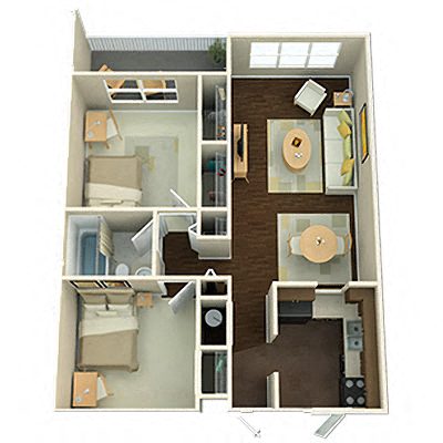 Floor plan for 2 beds, 1 bath, 855 sqft